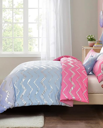 Girls Comforter Set Queen Size Ombre Pink Purple Bedding Colorful Rainbow Comforter for Kids Teen Women,4 Pieces (1 Comforter,2 Pillowcase,1 Decorative Pillow Sham) - LeafyLoom
