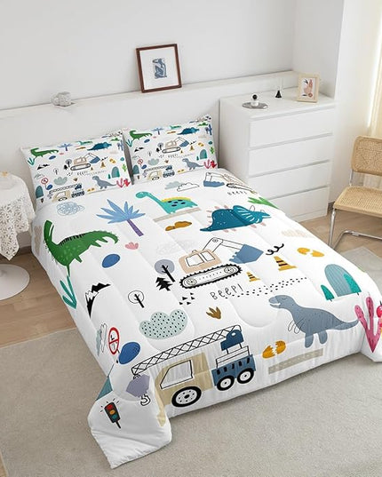 Cartoon Car Comforter Set King Size, Kawaii Dino Bedding For Child, Machinery Trucks Construction Vehicle Cartoon Dinosaurs Bedding Comforter Sets, Cute Wild Animal Equipment Blue Gray Green Quilt - LeafyLoom