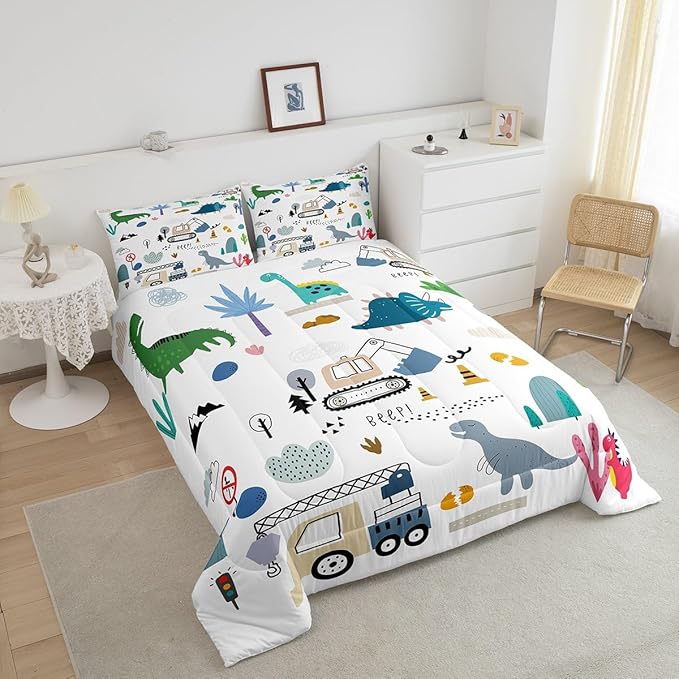 Cartoon Car Comforter Set King Size, Kawaii Dino Bedding For Child, Machinery Trucks Construction Vehicle Cartoon Dinosaurs Bedding Comforter Sets, Cute Wild Animal Equipment Blue Gray Green Quilt - LeafyLoom