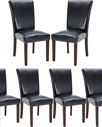 COLAMY Upholstered Parsons Dining Chairs Set of 6, PU Leather Dining Room Kitchen Side Chair with Nailhead Trim and Wood Legs - Black - LeafyLoom