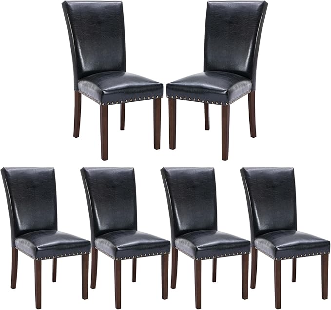 COLAMY Upholstered Parsons Dining Chairs Set of 6, PU Leather Dining Room Kitchen Side Chair with Nailhead Trim and Wood Legs - Black - LeafyLoom