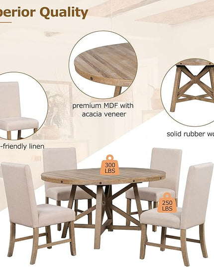 Merax 5-Piece Retro Wood Dining Set for 4 with Extendable Round Table and 16" Removable Middle Leaf, Including 4 Upholstered Backrest Cusioned Chairs, for Kitchen, Living Room, Natural Wood Wash - LeafyLoom