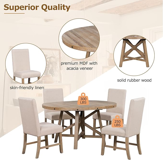 Merax 5-Piece Retro Wood Dining Set for 4 with Extendable Round Table and 16" Removable Middle Leaf, Including 4 Upholstered Backrest Cusioned Chairs, for Kitchen, Living Room, Natural Wood Wash - LeafyLoom