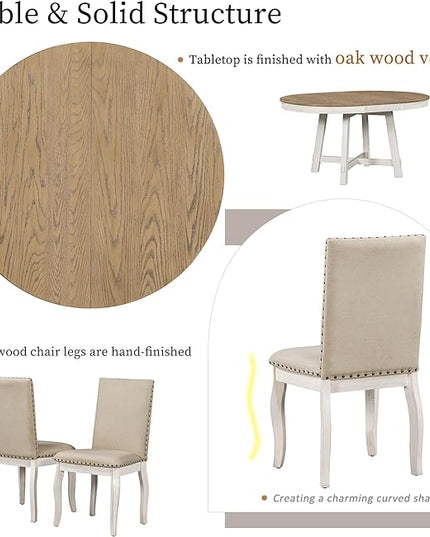 NicBex Round Dining Table Dining Room Set 5-Piece Farmhouse Dining Table Set Wood Round Extendable Dining Table and 4 Upholstered Dining Chairs for Set, Oak Natural Wood + Antique White - LeafyLoom