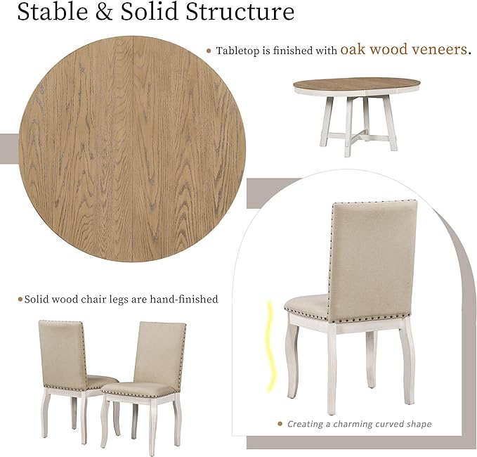 NicBex Round Dining Table Dining Room Set 5-Piece Farmhouse Dining Table Set Wood Round Extendable Dining Table and 4 Upholstered Dining Chairs for Set, Oak Natural Wood + Antique White - LeafyLoom