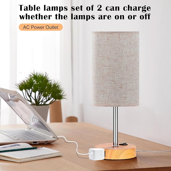 ZJOJO Table Lamp Bedside Lamps for Bedroom, Bedside Lamps Set of 2 with 3 Way Dimmable Using Rocker Switch Nightstand Lamp Night Lamp with AC Outlets for Living Room/Reading Room - LeafyLoom