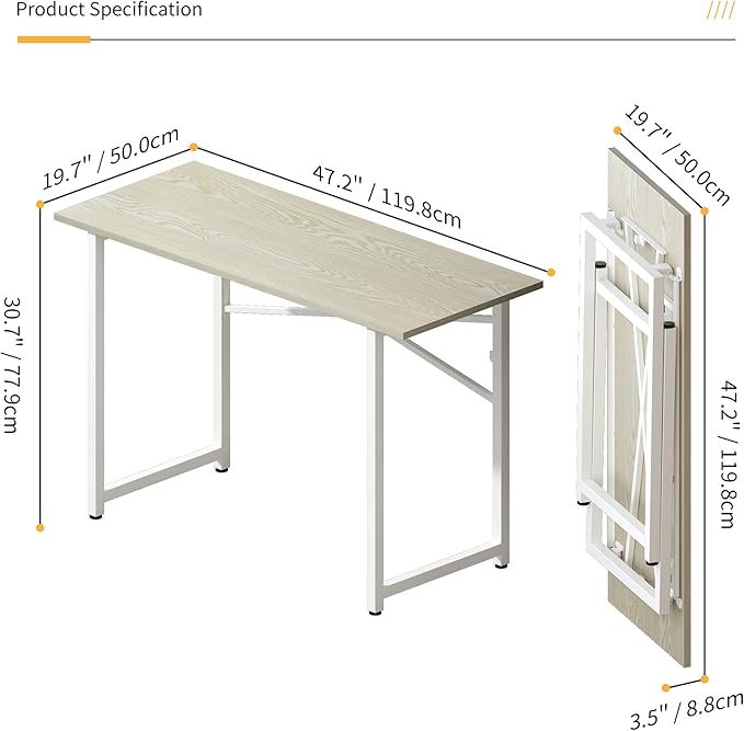 47 inch Folding Desk, Writing Gaming Computer Camping Table, No Assembly Required Home Office Desk, Natural and White - LeafyLoom