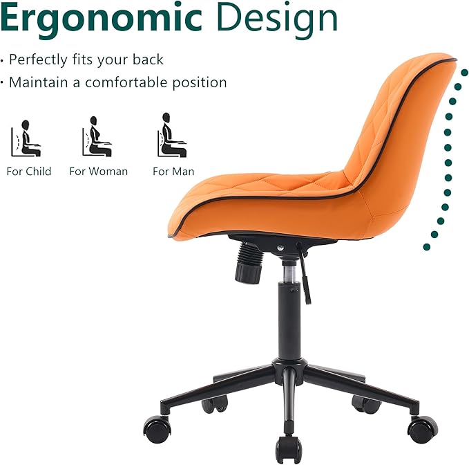 YOUNUOKE Office Chair Desk Chair with Wheels, Thick Upholstery Armless Computer Chair, Small Cute Office Chair Faux Leather Swivel Desk Chairs, Bedroom Side Chair Task Chairs, Orange - LeafyLoom