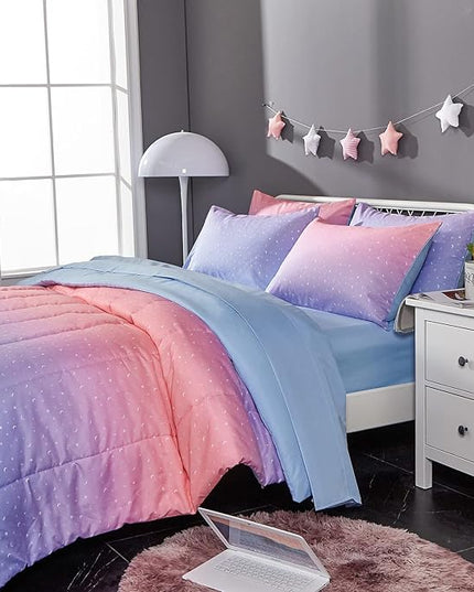 Rainbow Comforter Set for Teen Girls Women,Full/Queen Size 5 Piece Bed in A Bag,Metallic Printed Glitter Comforter and Sheets,Ultra Soft Microfiber All Season Bedding Set(Full/Queen,Blue) - LeafyLoom