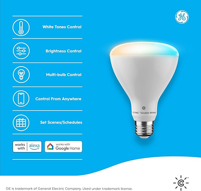 GE CYNC Smart LED Light Bulbs, Tunable White, Bluetooth and Wi-Fi, Works with Alexa and Google, BR30 Indoor Floodlights (2 Pack) CYNCSmartHome