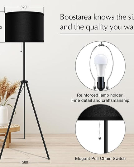 BoostArea Floor Lamp for Living Room,59.5" Tripod Floor Lamp, Black Linen Lamp Shade, Mid Century Standing Lamp for Living Room, Bedroom, Study Room and Office（Bulbs Not Included） - LeafyLoom
