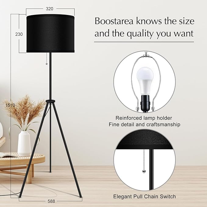 BoostArea Floor Lamp for Living Room,59.5" Tripod Floor Lamp, Black Linen Lamp Shade, Mid Century Standing Lamp for Living Room, Bedroom, Study Room and Office（Bulbs Not Included） - LeafyLoom