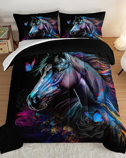 HOSIMA 3 Pieces Art Horse Comforter with 2 Pillowcases,Wildlife Horse Butterfly Black Comforter Set Boys Teens Aesthetic Room Decor,Animal Bedding King Size Comforter Set for adults. - LeafyLoom