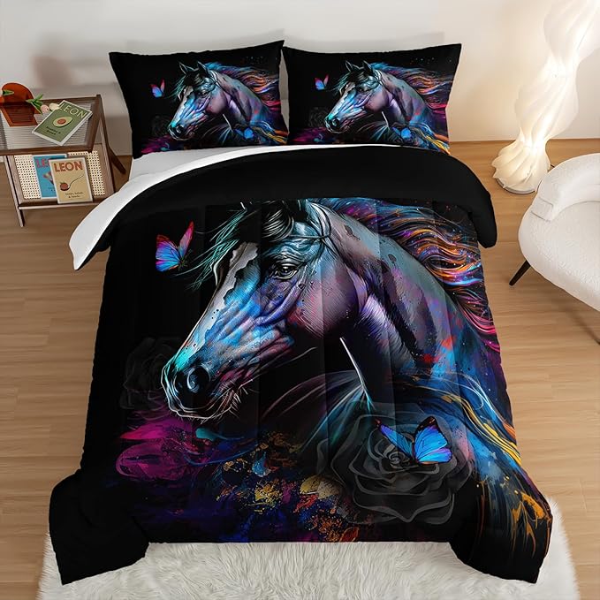 HOSIMA 3 Pieces Art Horse Comforter Set with 2 Pillowcases,Wildlife Horse Butterfly Black Comforter Boys Teens Aesthetic Room Decor,Animal Bedding Full Size Bed in a Bag Sets for adults. - LeafyLoom