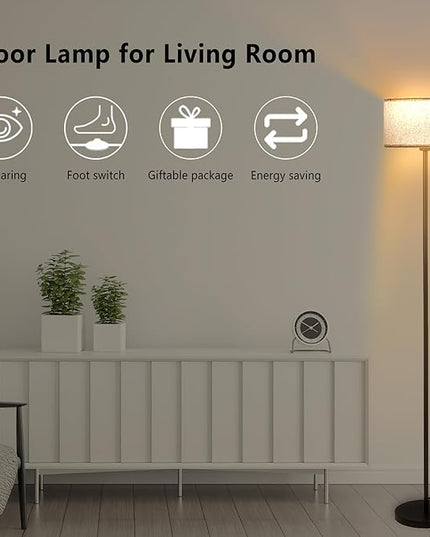 Modern Living Room Bedroom Floor Lamp with LED Bulb, Modern Vertical Lamp Drum Lampshade, 63 Feet High with Footswitch Black Lamp Post, Minimalist Design Vertical Lamp for Home Office Reading - LeafyLoom