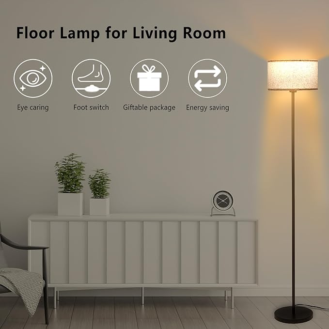 Modern Living Room Bedroom Floor Lamp with LED Bulb, Modern Vertical Lamp Drum Lampshade, 63 Feet High with Footswitch Black Lamp Post, Minimalist Design Vertical Lamp for Home Office Reading - LeafyLoom