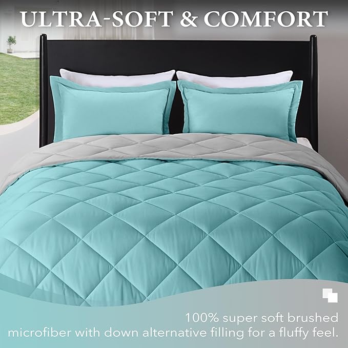 downluxe Twin Comforter Set - Turquoise and Grey Twin Comforter, Soft Bedding Sets for All Seasons -2 Pieces - 1 Comforter (66"x92") and 1 Pillow Sham(20"x26") - LeafyLoom