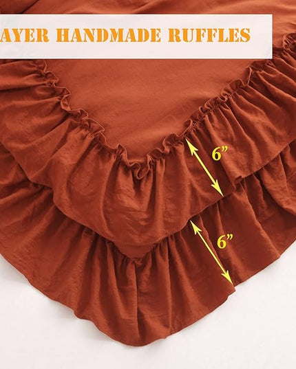 Terracotta Ruffle Comforters Queen Size Set,Burnt Orange Shabby Boho Chic Comforter Farmhouse Terracotta Bedding Sets 3PCS（1 Ruffled Comforter and 2 Pillowcases） - LeafyLoom