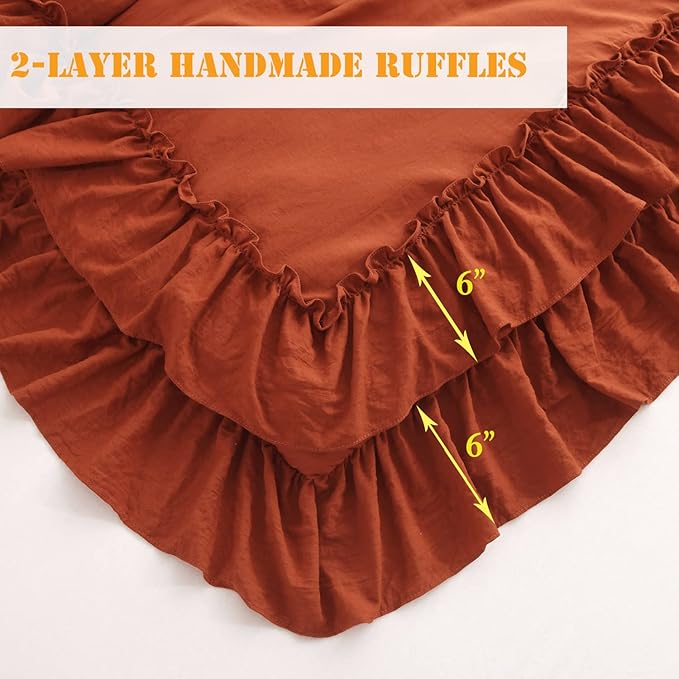 Terracotta Ruffle Comforters Queen Size Set,Burnt Orange Shabby Boho Chic Comforter Farmhouse Terracotta Bedding Sets 3PCS（1 Ruffled Comforter and 2 Pillowcases） - LeafyLoom