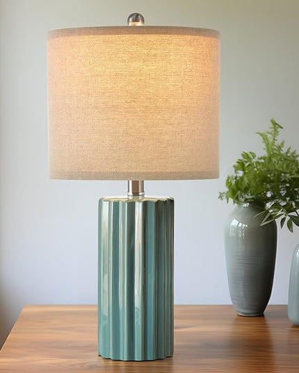 Oneach 21'' Farmhouse Ceramic Table Lamp Set of 2 for Bedroom Living Room House Decor Deep Blue Desk Lamps Home Office Dorm Rustic Modern Style Lamp - LeafyLoom