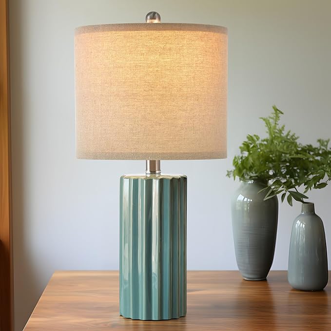 Oneach 21'' Farmhouse Ceramic Table Lamp Set of 2 for Bedroom Living Room House Decor Deep Blue Desk Lamps Home Office Dorm Rustic Modern Style Lamp - LeafyLoom