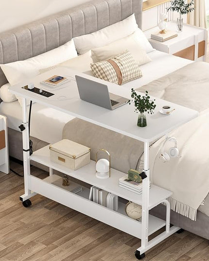 Height Adjustable Standing Desk with Power Outlets, 39" Manual Stand Up Desk with Storage Shelves Small Mobile Rolling Computer Desk Portable Laptop Table with Wheels for Home Office, White - LeafyLoom