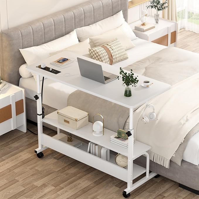 Height Adjustable Standing Desk with Power Outlets, 39" Manual Stand Up Desk with Storage Shelves Small Mobile Rolling Computer Desk Portable Laptop Table with Wheels for Home Office, White - LeafyLoom