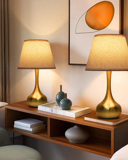 Touch Table Lamp for Bedroom, 3-Way Dimmable Gold Bedside Lamps for Nightstand with Fabric Shade, Desk Lamp for Kids Reading, Home Office - LeafyLoom
