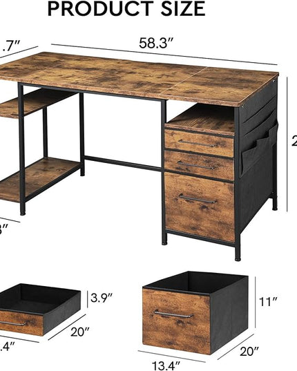 Desks with Drawers and Shelves, 59 inch Large Computer Desk. Long Desk Vintage Desk with Storage Bag, Big Office Desk with Adjustable Shelves, Home Office Desk with Metal Frame, Rustic Brown2 - LeafyLoom