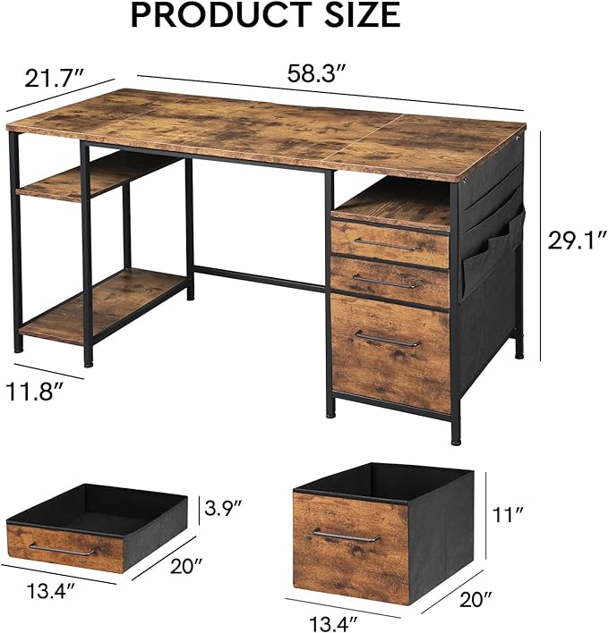 Desks with Drawers and Shelves, 59 inch Large Computer Desk. Long Desk Vintage Desk with Storage Bag, Big Office Desk with Adjustable Shelves, Home Office Desk with Metal Frame, Rustic Brown2 - LeafyLoom