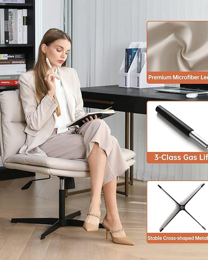 EMIAH Armless Office Desk Chair No Wheels PU-Padded Vanity Mid-Back Ergonomic Home Computer Comfortable Adjustable Swivel Task Chair with Thickened Cushion - LeafyLoom