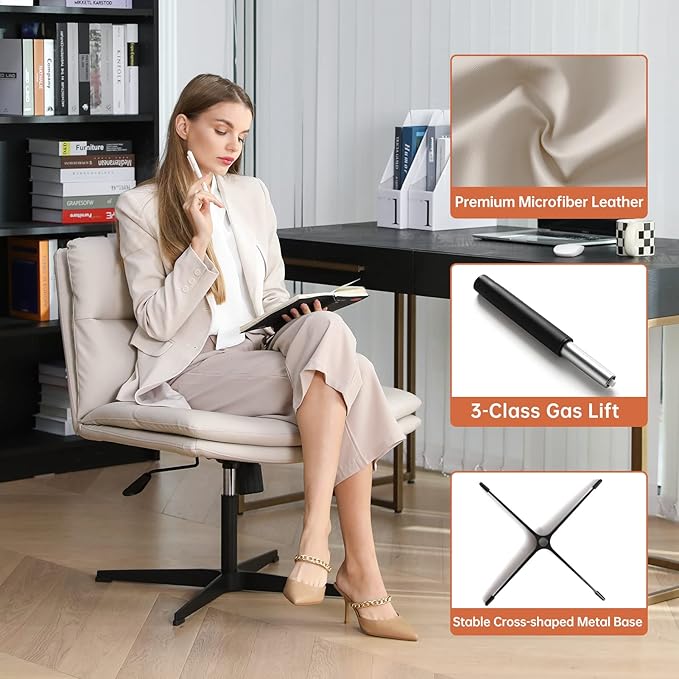 EMIAH Armless Office Desk Chair No Wheels PU-Padded Vanity Mid-Back Ergonomic Home Computer Comfortable Adjustable Swivel Task Chair with Thickened Cushion - LeafyLoom