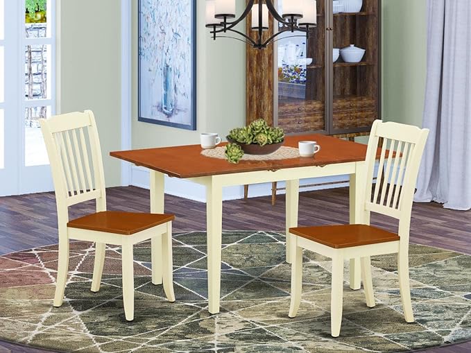 East West Furniture NODA3-BMK-W 3 Piece Kitchen Table & Chairs Set Contains a Rectangle Dining Room Table with Butterfly Leaf and 2 Solid Wood Seat Chairs, 32x54 Inch, Buttermilk & Cherry - LeafyLoom