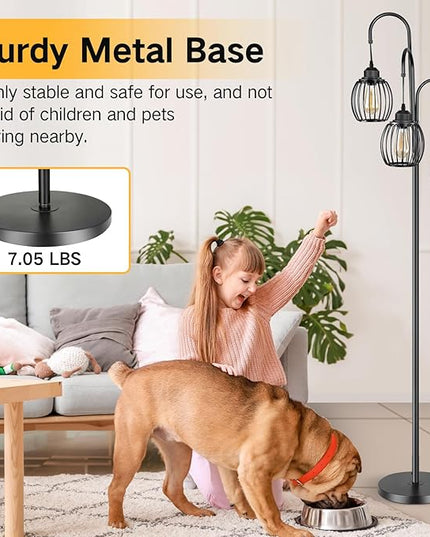 OUTON Dimmable Industrial Floor Lamps for Living Room, Standing Tall Lamps with 3 Arc Hanging Iron Wire Cage Heads & 3 LED Edison Bulbs, Rustic Tree Floor Lights for Farmhouse, Bedroom, Office, Black - LeafyLoom
