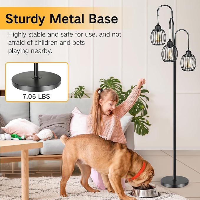 OUTON Dimmable Industrial Floor Lamps for Living Room, Standing Tall Lamps with 3 Arc Hanging Iron Wire Cage Heads & 3 LED Edison Bulbs, Rustic Tree Floor Lights for Farmhouse, Bedroom, Office, Black - LeafyLoom