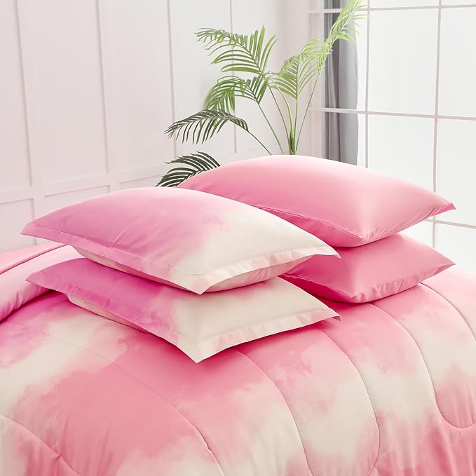 Dinjoy Girls Comforter Set Twin Size Colorful Rainbow Ombre Pink Bedding Set Gradient Soft Lightweight 6 Pieces Bed in A Bag for Kids Teen Women(1 Comforter, 1 Flat Sheet, 1 Fitted Sheet) - LeafyLoom