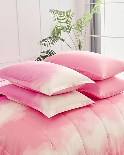 Dinjoy Girls Comforter Set Queen Size Colorful Rainbow Ombre Pink Bedding Set Gradient Soft Lightweight 7 Pieces Bed in A Bag for Kids Teen Women(1 Comforter, 1 Flat Sheet, 1 Fitted Sheet) - LeafyLoom