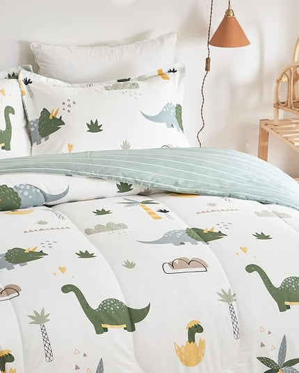Joyreap Dinosaur Kids Cotton Comforter Set for Boys Girls, Twin Size 3pcs Cotton Bedding Comforter, Fresh Green Dinosaurs on White Design, Skin-friendly Breathable for All Season- 68x88 inches - LeafyLoom