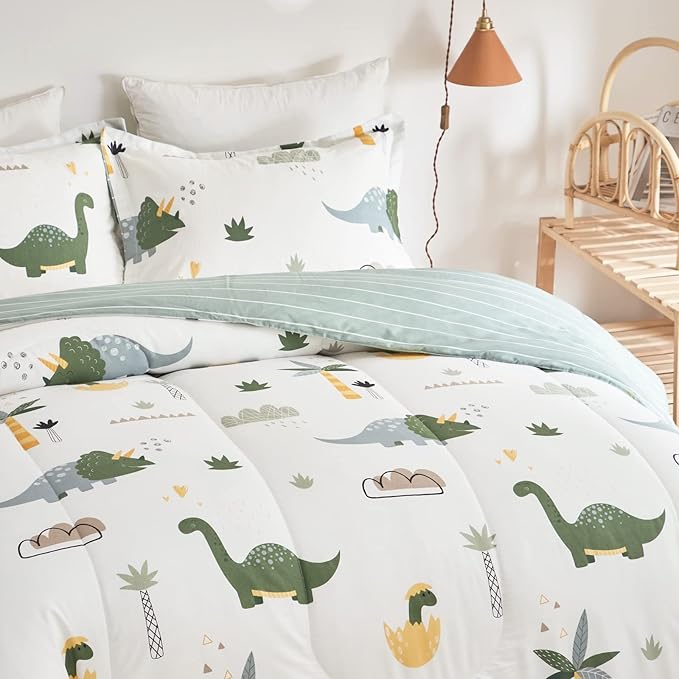 Joyreap Dinosaur Kids Cotton Comforter Set for Boys Girls, Twin Size 3pcs Cotton Bedding Comforter, Fresh Green Dinosaurs on White Design, Skin-friendly Breathable for All Season- 68x88 inches - LeafyLoom