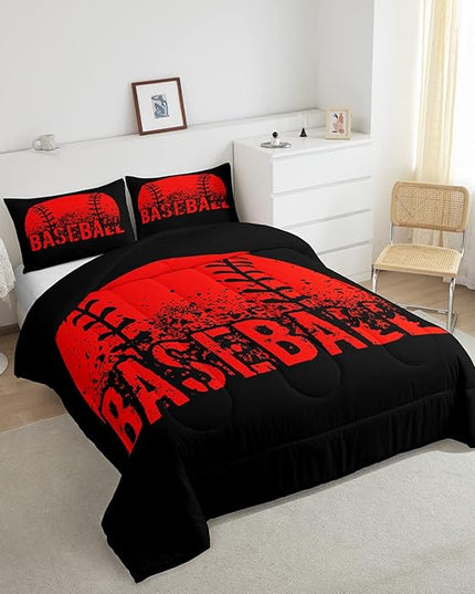 Baseball Comforter Set King Size Kids Red Black Sports Quilt Bedding Set For Boys Girls,Reversible Black Bedding Comforter Sets Soft Lightweight For All Season,1 Comforter And 2 Pillow Cases - LeafyLoom