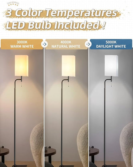 Floor Lamps for Living Room, 3 Color Temperatures Tall Lamp, Modern Standing Lamp for Bedroom, Square Linen Shade, Minimalist Pole Lamp for Office Kids Room Working Reading - LeafyLoom