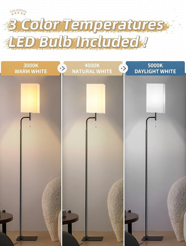 Floor Lamps for Living Room, 3 Color Temperatures Tall Lamp, Modern Standing Lamp for Bedroom, Square Linen Shade, Minimalist Pole Lamp for Office Kids Room Working Reading - LeafyLoom