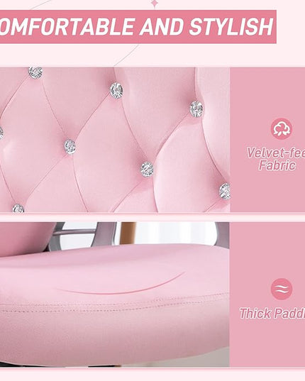 Vinsetto Home Office Chair, Velvet Computer Chair, Button Tufted Desk Chair with Swivel Wheels, Adjustable Height, and Tilt Function, Pink - LeafyLoom