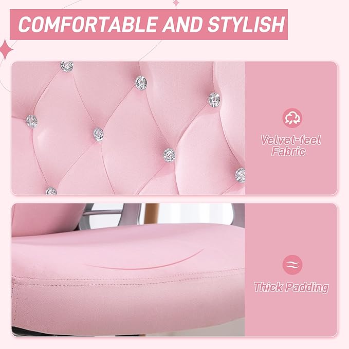 Vinsetto Home Office Chair, Velvet Computer Chair, Button Tufted Desk Chair with Swivel Wheels, Adjustable Height, and Tilt Function, Pink - LeafyLoom