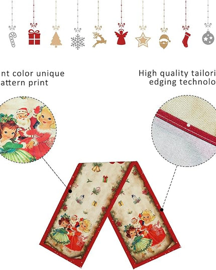 Vintage Christmas Table Runner Christmas Decorations - Red Vintage Style Santa Claus Girls Merry Christmas Winter Xmas Home Kitchen Dining Table Decor, Christmas Party Decorations 13 x 72 Inch Racenaf