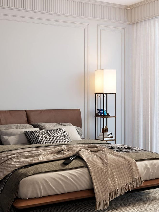 addlon Shelf Floor lamp with 2 USB Ports and Power Outlet, Remote Control Floor lamp for Living Room with 3 Color temperatures led Bulb, Display lamp for Bedroom and Office - Brown - LeafyLoom