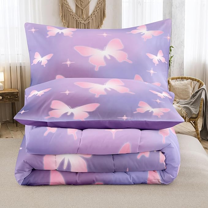 Tailor Shop Butterfly Comforter Sets Twin Size,Purple Pink Butterfly Bedding Sets for Girls Kids Teens with 1 Pillowcase… - LeafyLoom
