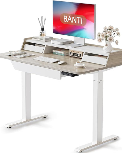 BANTI 48 x 24 Inch Electric Standing Desk with 3 Drawers, Adjustable Height Stand Up Desk, Sit Stand Home Office Desk with Storage Shelf, Light Walnut Top - LeafyLoom