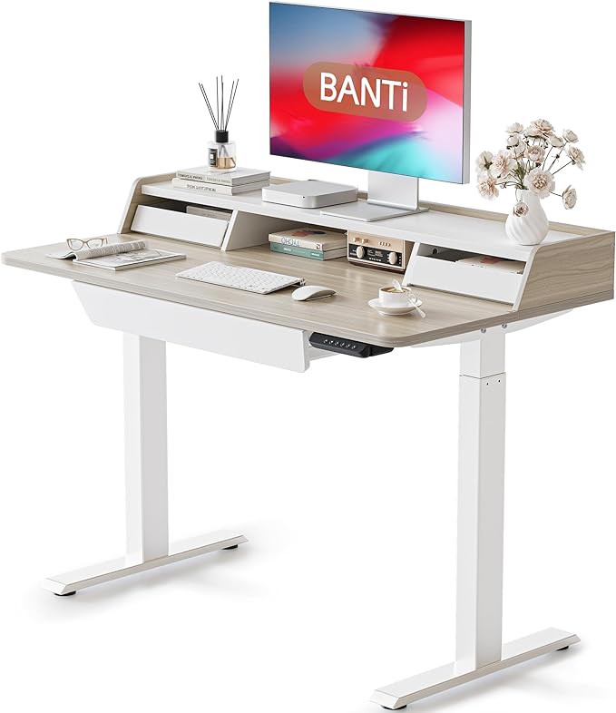 BANTI 48 x 24 Inch Electric Standing Desk with 3 Drawers, Adjustable Height Stand Up Desk, Sit Stand Home Office Desk with Storage Shelf, Light Walnut Top - LeafyLoom