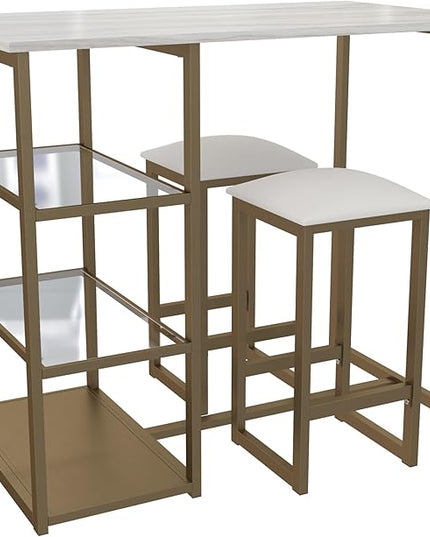 Dorel Living Tanner 3-Piece Brass Pub Set with Faux Marble Top, White - LeafyLoom